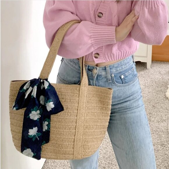 Draper James Handbags - NWT DRAPER JAMES Everyday Straw Floral Magnolia Ribbon Tote Bag